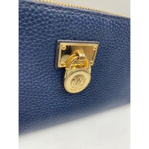 Michael Kors Navy Pebbled Leather Zip Around Wallet Gold MK Lock